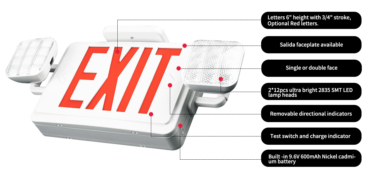 Letters 6' height with 3/4' stroke,Optional Red letters.Salida faceplate availableSingle or double face2*12pcs ultra bright 2835 SMT LED lamp headsRemovable directional indicatorsTest switch and charge indicatorBuilt -in 9.6V 600mAh Nickel cadmium battery