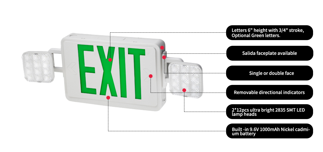 Letters 6' height with 3/4' stroke,Optional Green letters.Salida faceplate availableSingle or double faceRemovable directional indicators2*12pcs ultra bright 2835 SMT LED lamp headsBuilt -in 9.6V 1000mAh Nickel cadmium battery